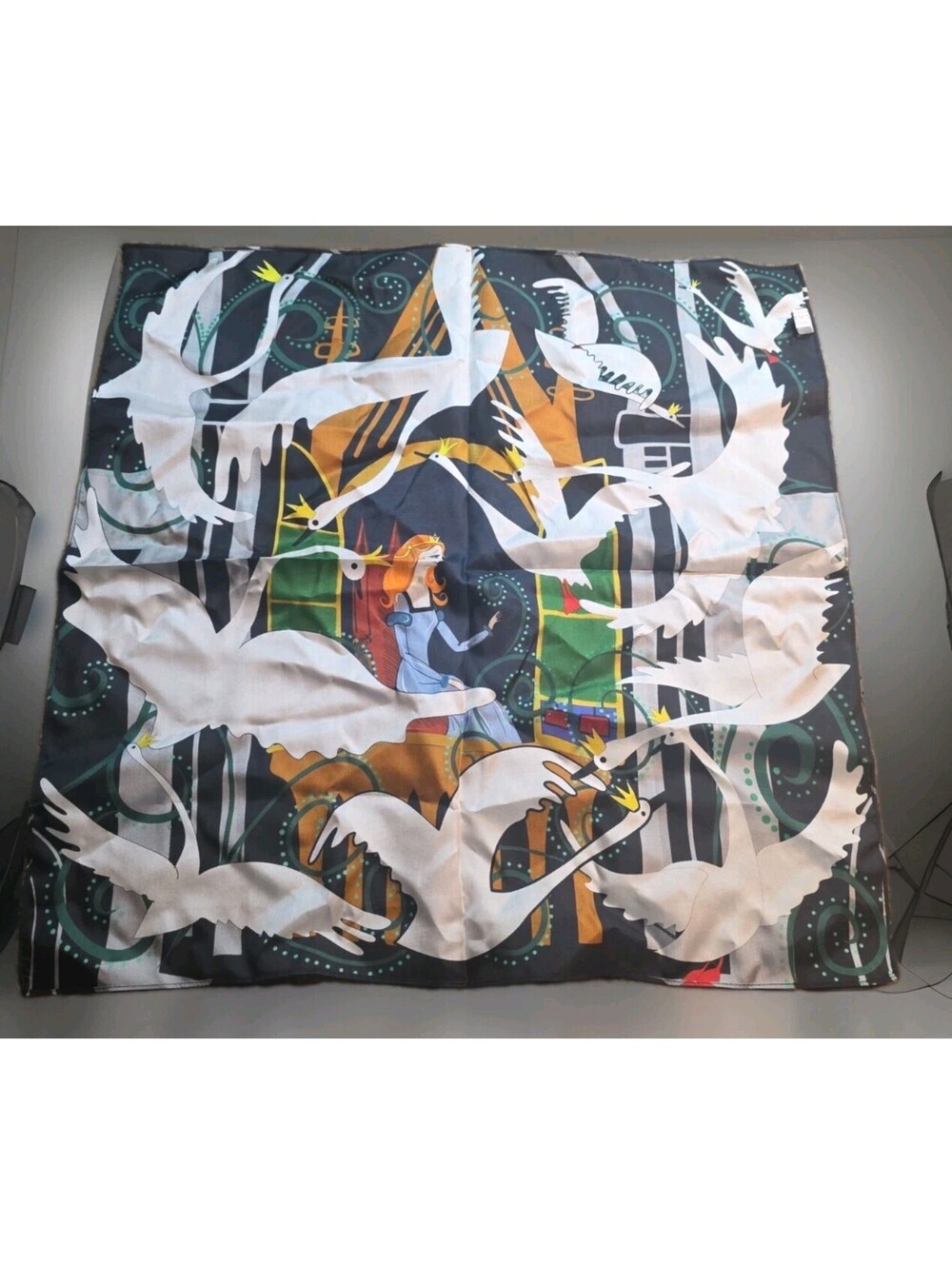 New NWT 100% Pure Silk Square Scarf Fairy Tale White Swan Princess Large